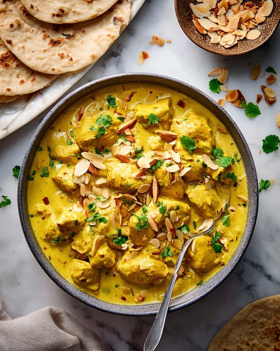 A bowl filled with thick yellow curry containing many chunks of cooked chicken coated in the smooth sauce, topped with toasted sliced almonds and small green cilantro leaves scattered on top, with a silver spoon resting inside the bowl on the right; the bowl is placed on a white marbled texture with some scattered almonds and cilantro leaves around. A plate of round flatbreads with a lightly browned surface sits partially visible in the upper left corner along with a small bowl full of more toasted almond slices on the upper right. photo taken with an iphone --ar 4:5 --v 7