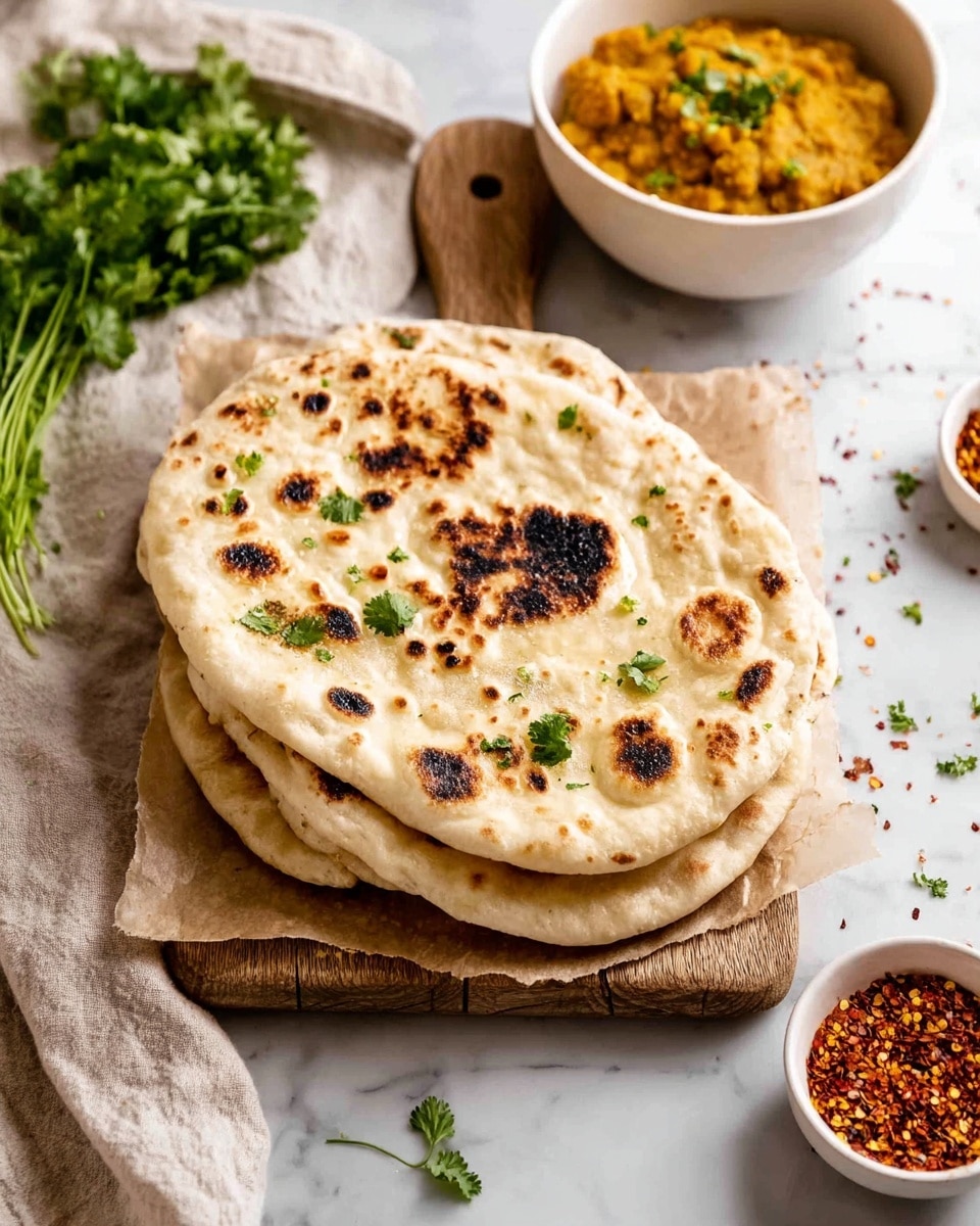 A stack of five round, light brown naan breads with slightly charred spots on the surface sits on parchment paper over a wooden board. The top naan is sprinkled with fresh green cilantro leaves and scattered seeds. In the background, there are bowls with a white marbled texture around the setup, including one bowl with a reddish-orange lentil dish and another small bowl with salt. A bunch of cilantro leaves is slightly visible at the top left corner. The whole scene is on a white marbled surface. photo taken with an iphone --ar 4:5 --v 7