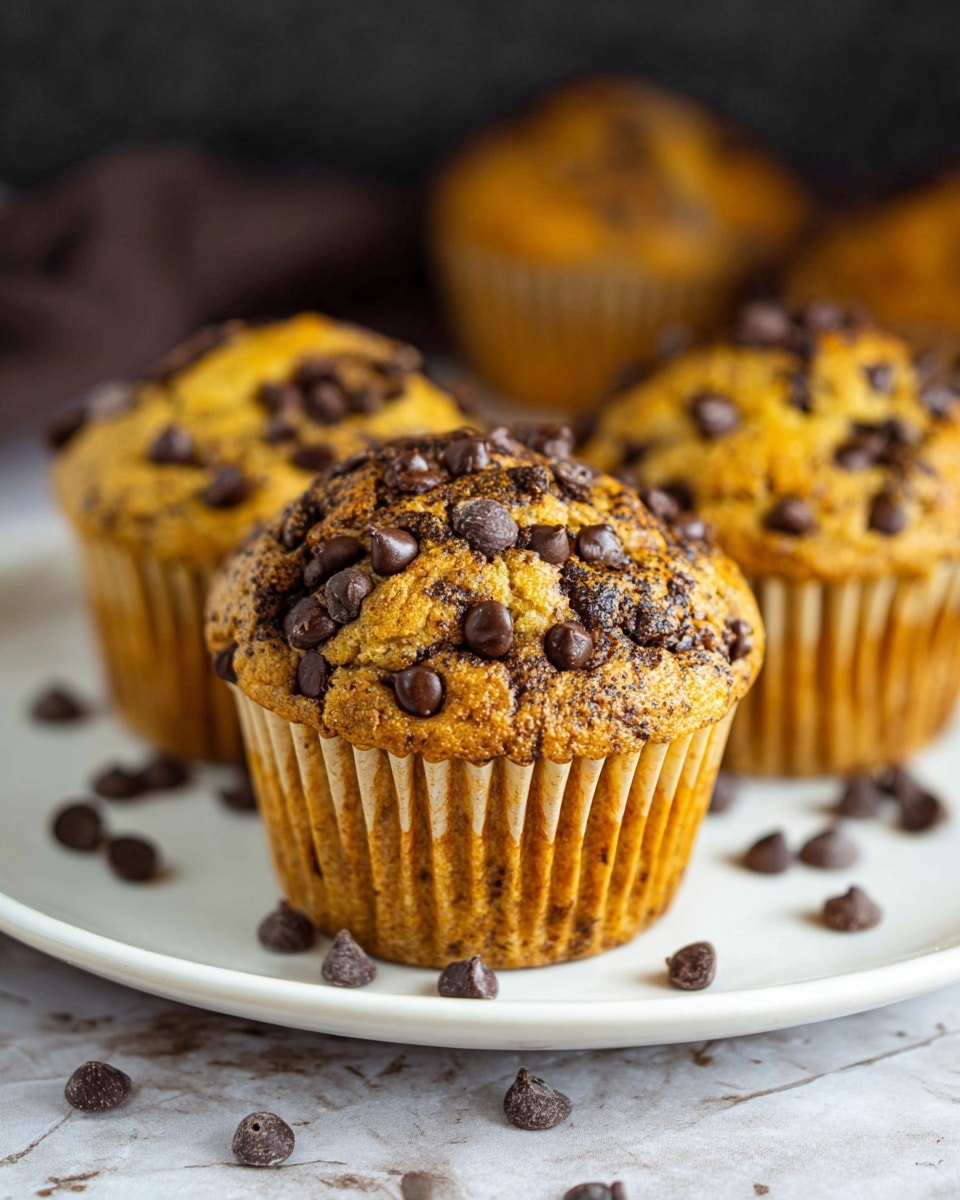 Three golden brown muffins with dark chocolate chips scattered all over them are placed on a white plate. Extra chocolate chips are spread loosely around the muffins on the plate and on the white marbled surface beneath. To the left of the plate, there is a halved avocado with a bright green inside and dark brown seed. In the background, a beige cloth with white stripes is softly folded. The scene has warm, natural lighting. photo taken with an iphone --ar 4:5 --v 7