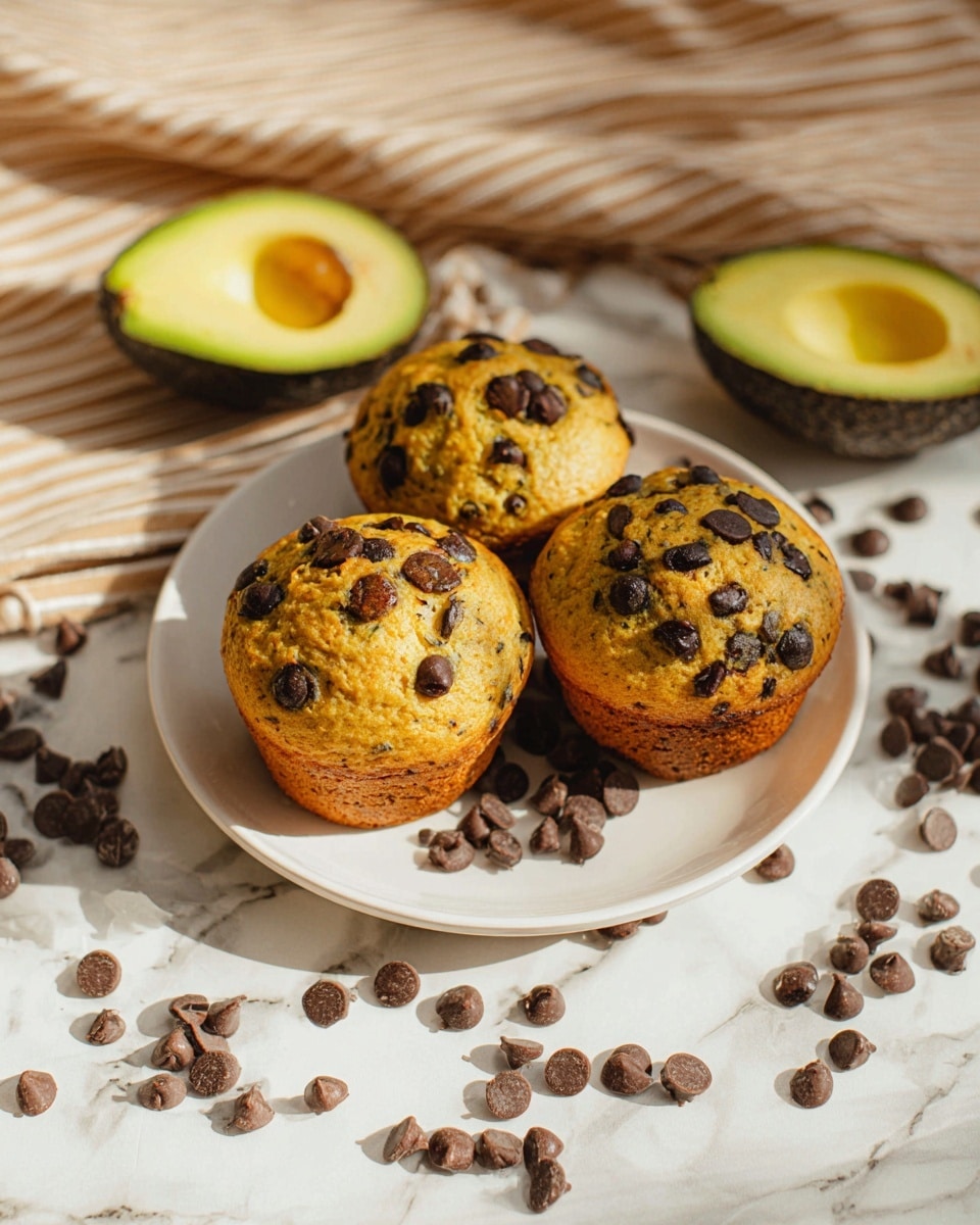 A close-up view of three golden brown muffins filled and topped with many dark brown chocolate chips, showing a rough textured top cracked open slightly, sitting on a white plate with scattered chocolate chips around it. The muffins have a ridged paper liner with a warm baked look, and the background is a white marbled texture with a dark blurred backdrop behind the plate. Photo taken with an iphone --ar 4:5 --v 7