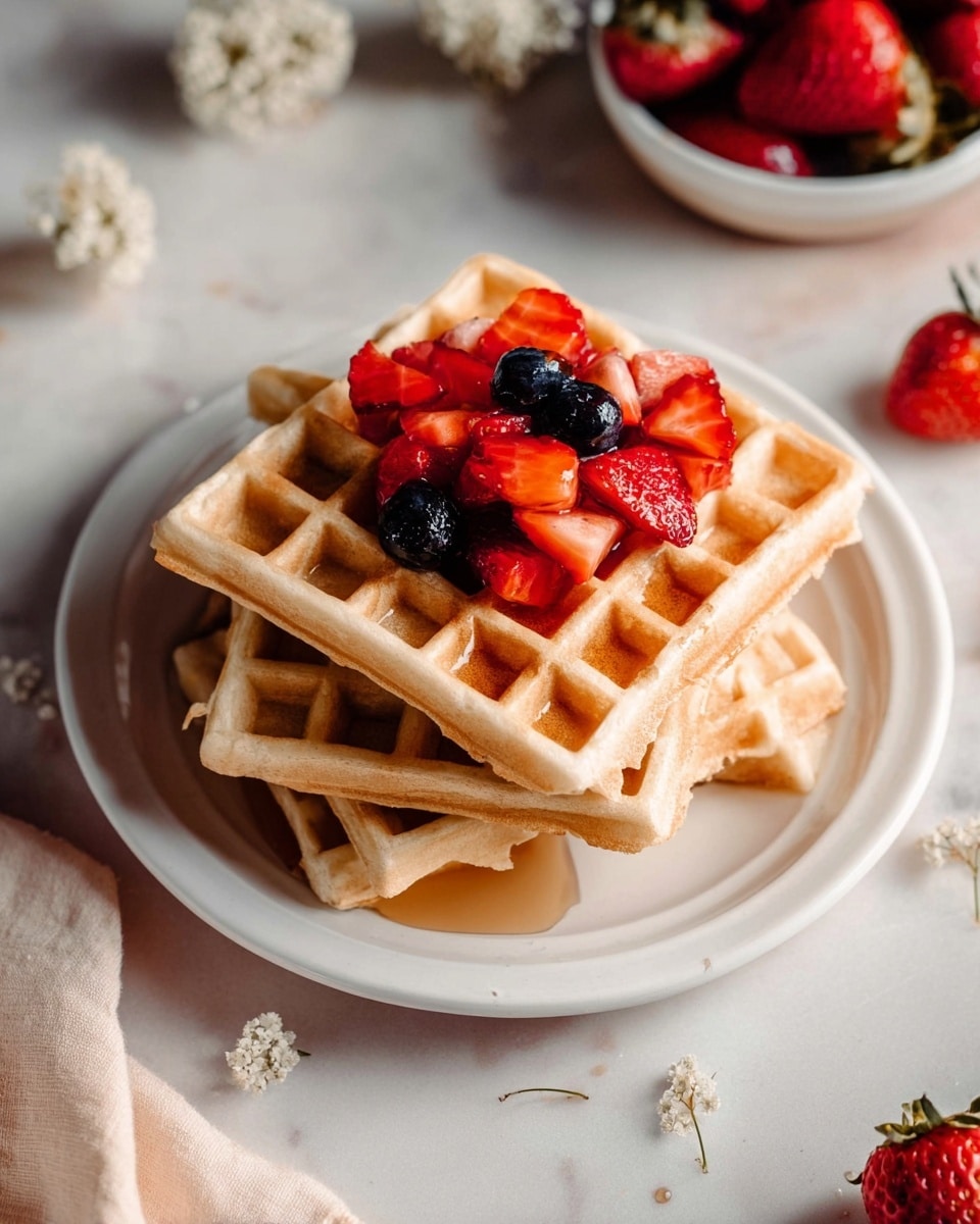 A tall stack of five square light golden waffles sits on white plates lined with white paper. The top waffle is adorned with a mix of fresh red strawberries and dark blue blueberries, some cut into halves. A woman’s hand is seen pouring a smooth golden syrup from a small light brown ceramic pitcher over the top, with syrup slowly dripping down the sides of the waffles. The background shows a soft pink tiled wall, while the surface beneath the plates is a white marbled texture. Photo taken with an iphone --ar 4:5 --v 7
