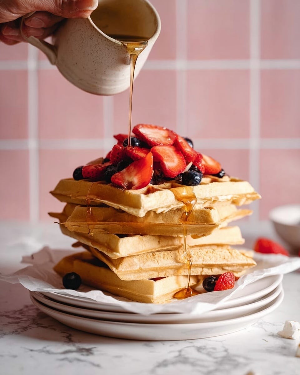 A white plate holds a stack of five golden brown waffles, each showing a classic square pattern texture. On top of the stack, there is a layer of colorful fresh berries including red strawberries cut into chunks and a few whole dark blueberries. The waffles appear fluffy and slightly crispy around the edges. The plate sits on a white marbled surface with some scattered small white flowers and a bowl of whole strawberries nearby. The scene is softly lit, highlighting the warm tones of the waffles and the vibrant colors of the fruit. Photo taken with an iphone --ar 4:5 --v 7