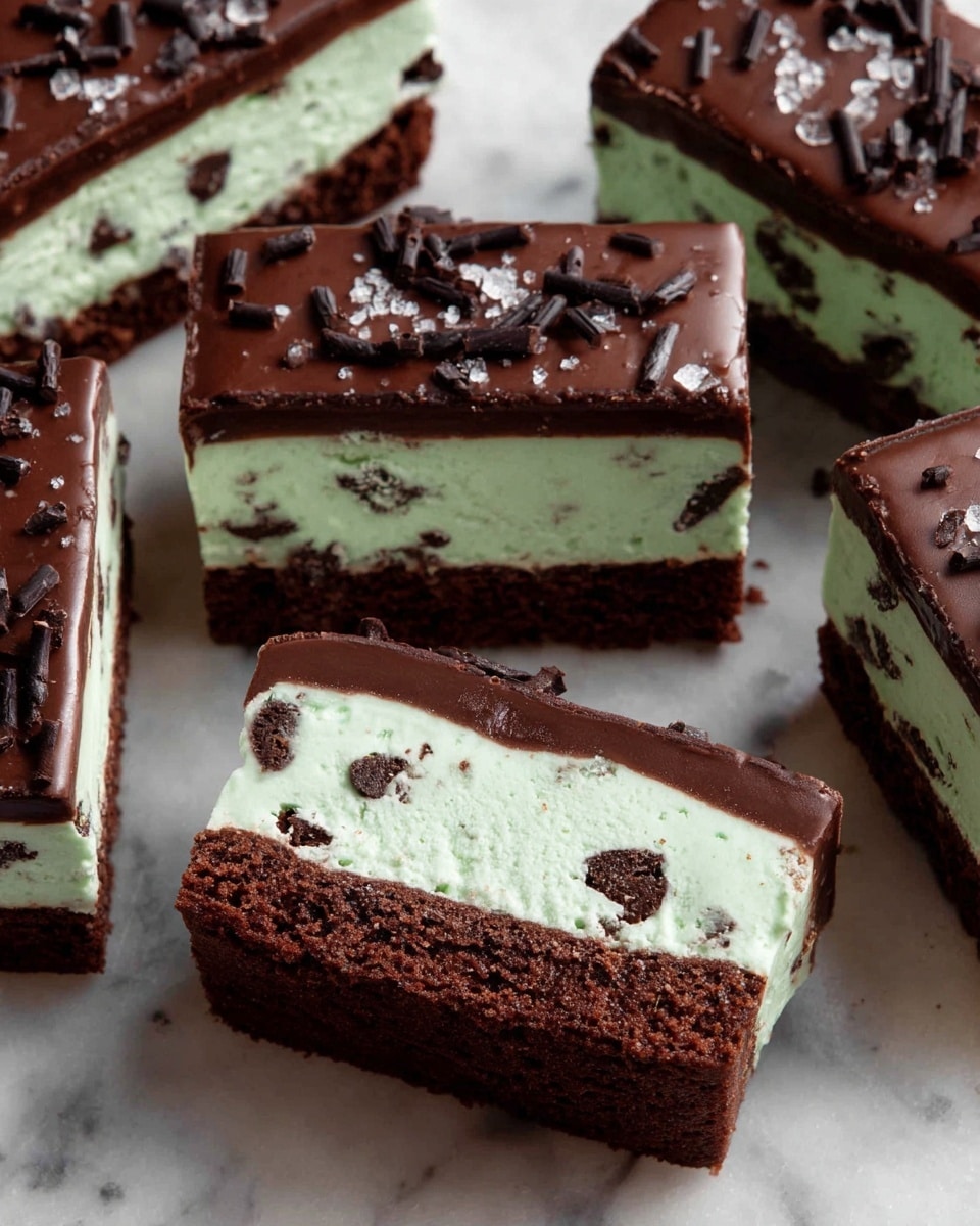 A two-layered chocolate dessert sits on a white plate with a fluted edge on a white marbled texture surface. The bottom layer is a dark brown chocolate cake with a moist, crumbly texture. Above this is a thick, light green creamy layer with visible small chocolate pieces inside. On top is another layer of dark chocolate cake covered with a smooth chocolate ganache, crowned by a round chocolate truffle sprinkled with small cylindrical chocolate sprinkles. Some creamy green filling and crumbs are scattered on the plate around the dessert. photo taken with an iphone --ar 4:5 --v 7