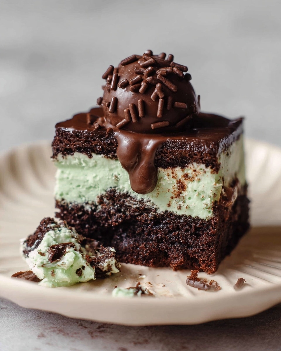 The image shows several rectangular mint chocolate ice cream sandwiches lying on a white marbled surface. Each sandwich has three layers: a top and bottom dark brown chocolate cake layer with a rough texture, and a middle thick pale green mint ice cream layer with small dark chocolate chips scattered inside. The top layer is coated with a smooth chocolate glaze sprinkled with shiny black chocolate bits, and small pieces of salt crystals are visible on top. The sandwiches are cut cleanly, showing the sharp edges of each layer clearly. photo taken with an iphone --ar 4:5 --v 7