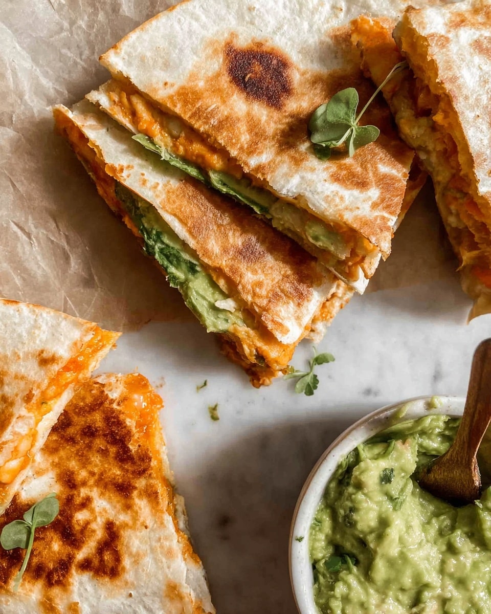 The image shows a close-up of quesadillas and a small white bowl of guacamole on a white marbled surface. One quesadilla is whole with a toasted, golden-brown spot on the top layer, garnished with a small green herb leaf. Another quesadilla is cut in half, displaying three layers: a browned, slightly crispy tortilla on top; a bright orange, creamy filling in the middle; and a green guacamole-like layer with leafy greens on the bottom. The bottom left shows a torn piece of quesadilla with a similar toasted surface and layers peeking through. The guacamole in the white bowl looks chunky and creamy with some green herbs mixed in, and a wooden spoon is partially visible in the bowl. photo taken with an iphone --ar 4:5 --v 7
