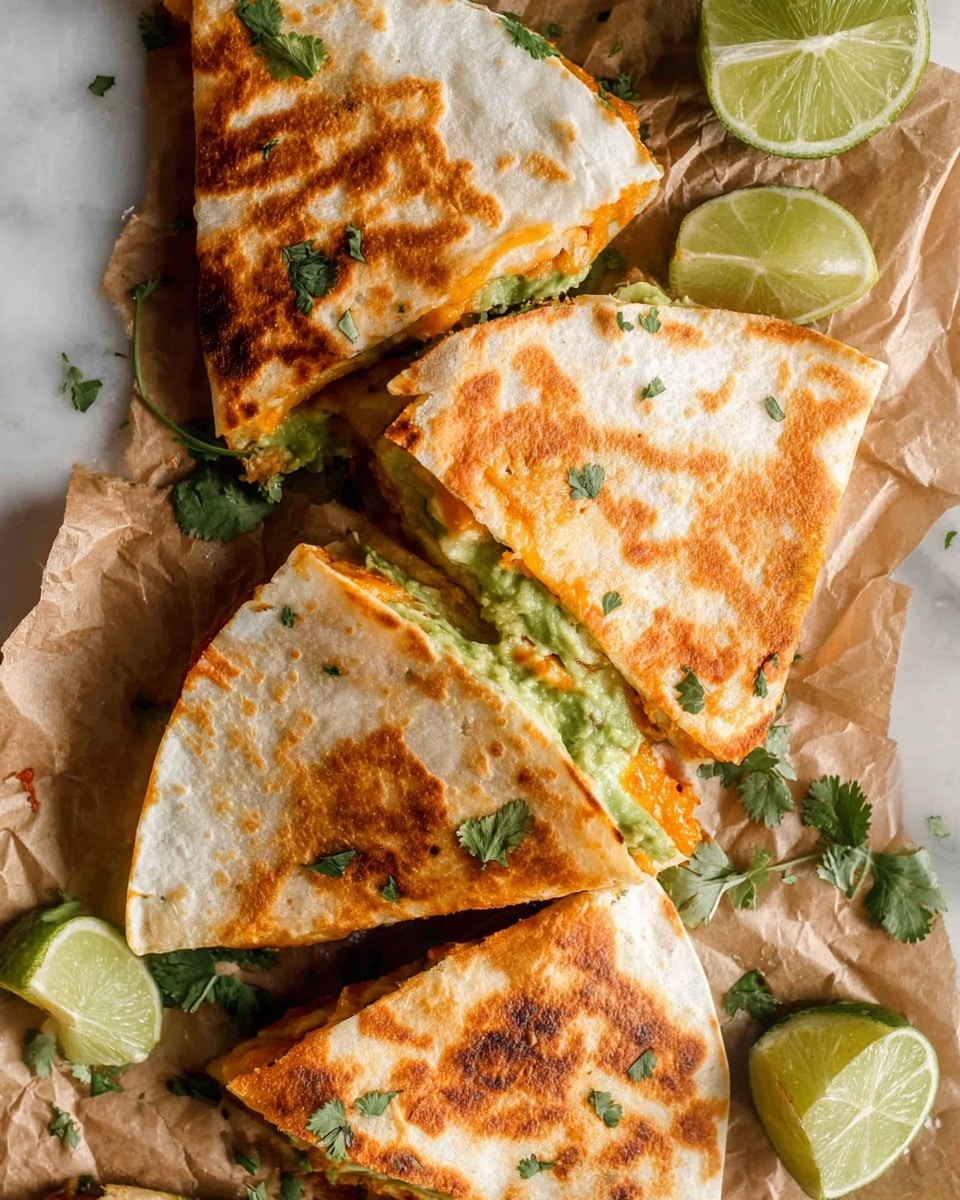 The image shows several quesadilla slices with a golden-brown crispy outer layer, some pieces slightly folded to reveal layers inside. The outer tortilla is lightly toasted with brown spots and scattered green cilantro leaves on top. Inside, there are layers of melted orange cheese and green guacamole or avocado, adding a soft textured contrast to the crispy exterior. The quesadillas are placed on crumpled brown paper, surrounded by white lime wedges and fresh cilantro sprigs, all set on a white marbled surface. photo taken with an iphone --ar 4:5 --v 7