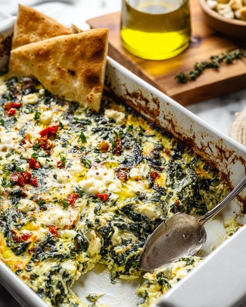 The image shows a square white ceramic baking dish filled with a creamy spinach and artichoke dip with finely chopped green herbs and some red pepper flakes sprinkled on top. The dip has a mix of green and yellow colors from the spinach and artichokes, with a slightly browned, melted cheesy texture on the surface. The dish is placed on a white marbled surface with a white cloth that has black stripes underneath. Beside the dish, there is a clear glass jar of olive oil and a silver spoon resting nearby, along with some yellow tortilla chips and pita chips at the top left corner. photo taken with an iphone --ar 4:5 --v 7