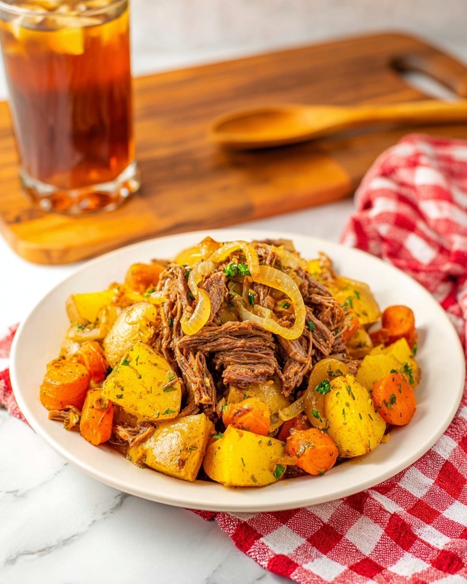 A white plate filled with a layered dish starting with a base of roasted yellow potatoes and orange carrots, cut into chunks and mixed with herbs. On top of the vegetables is a layer of shredded brown meat, covered with soft cooked onions that have a light golden color. The dish is garnished with small green herb pieces scattered across the top. In the background, there is a glass of iced tea with visible condensation, a wooden spoon resting on a wood board, and a red checkered cloth on a white marbled surface. photo taken with an iphone --ar 4:5 --v 7
