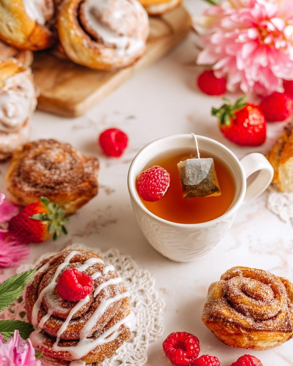 The image shows a close-up of five cinnamon roll pastries on a blue tray, each with a spiral shape and golden-brown color covered in cinnamon sugar. One cinnamon roll in the center has a white icing drizzle on top. Bright red strawberries with green tops are scattered around the cinnamon rolls, adding a fresh and colorful contrast. There is a small white bowl partially visible in the corner, likely with sauce or dip. The background features a white marbled texture. photo taken with an iphone --ar 4:5 --v 7