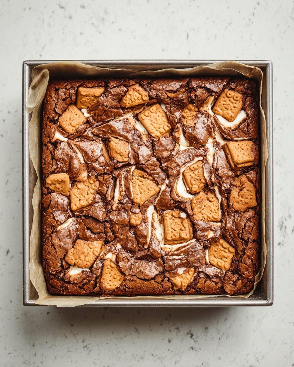 A golden-brown baked brownie square sits in a metal baking pan lined with parchment paper, topped with numerous pieces of golden sandwich cookies, some whole and some broken, embedded on the surface. The brownie has a slightly cracked, shiny texture with soft, swirled areas beneath the cookie pieces, showing a mix of rich brown and creamy off-white colors where the cookie cream peeks through. The pan is placed on a white marbled surface. photo taken with an iphone --ar 4:5 --v 7