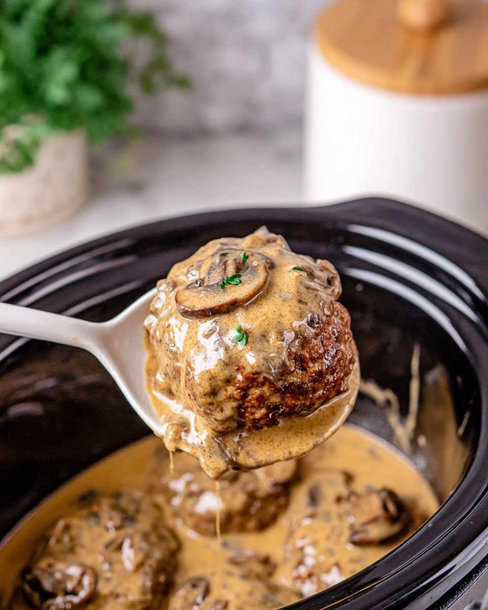 The dish shows a white plate on a white marbled texture with three main parts. On the left side, there is a layer of creamy white mashed potatoes. On top of the potatoes, there are two brown, grilled Salisbury steak patties covered with a thick, glossy brown mushroom gravy that includes visible mushroom slices and onions. On the right side of the plate, there is a neat pile of fresh, bright green steamed green beans. The plate is placed on a blue and white checkered cloth. Photo taken with an iphone --ar 4:5 --v 7