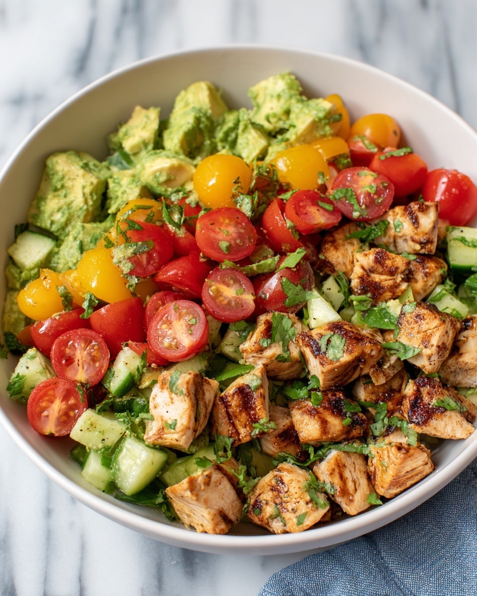 A white bowl filled with a colorful chicken salad, showing three main layers: the base layer is bright green avocado chunks with a slightly creamy texture, mixed with small cucumber pieces that are light green with a smooth, watery look; the middle layer has halved cherry tomatoes in red and yellow, each with a shiny, juicy surface; the top layer features golden-brown grilled chicken cubes, with clear grill marks and a slightly crispy texture, scattered throughout. Fresh green herbs are sprinkled on top, adding a fresh leafy texture. The bowl sits on a white marbled surface with a hint of a blue and white cloth nearby. photo taken with an iphone --ar 4:5 --v 7