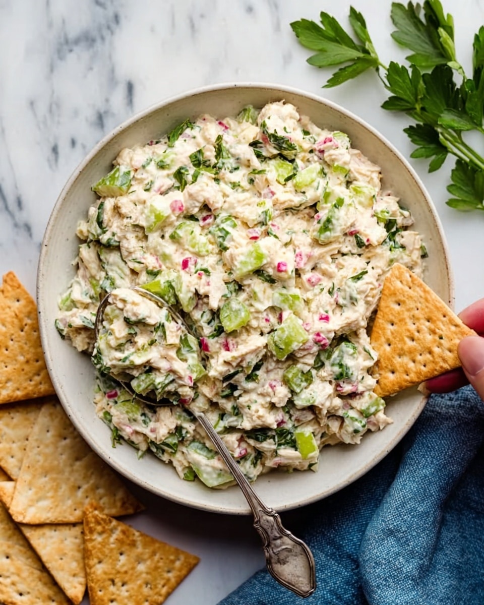 A white bowl is filled with six distinct layers arranged side by side in a circular pattern. Starting from the top left, small chunks of light tan cooked chicken are visible, followed by chopped light green celery pieces. Next to celery are finely chopped bright green cucumber pieces, then a mound of white crumbled cheese with a soft texture. At the bottom right, finely chopped light purple-red onion pieces sit next to more chopped celery and chicken mixed with a light creamy sauce creating a pale, speckled base. The bowl is placed on a white marbled surface with a small light gray spatula on the right side. Photo taken with an iphone --ar 4:5 --v 7