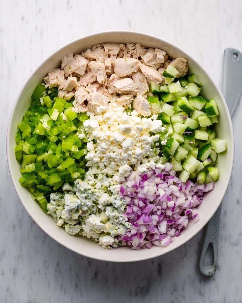 A white bowl filled with a creamy dip that has a chunky texture showing small pieces of pale chicken, light green celery, and bright pink radish bits mixed with fresh herbs throughout. The dip layers rest evenly inside the bowl, which sits on a white marbled surface. A silver spoon with its handle partly in the dip leans against the bowl's rim, and a woman's hand holds one of the triangular white crackers dipped in the mixture on the right side. More white crackers surround the bowl, partially cropped in the frame, with some placed casually on the marbled surface. Near the top right corner, fresh green parsley leaves add a touch of natural color, and a folded blue cloth is visible under the bowl on the right. Photo taken with an iphone --ar 4:5 --v 7