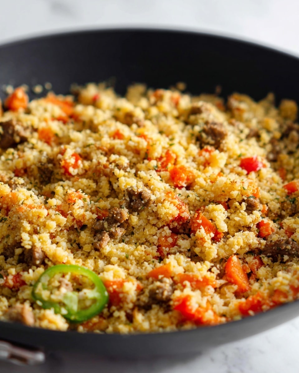 A close-up view of a black frying pan filled with a grain dish that has a soft texture and mixed ingredients. The main layer is light yellow grains mixed evenly with small red and orange pieces of vegetables and some green jalapeño slices scattered throughout. A black spoon is lifting a portion of the mixture, showing the grains and vegetables packed together with a slightly crumbly texture. A woman's hand holds the spoon handle, with the whole scene set on a white marbled surface. photo taken with an iphone --ar 4:5 --v 7