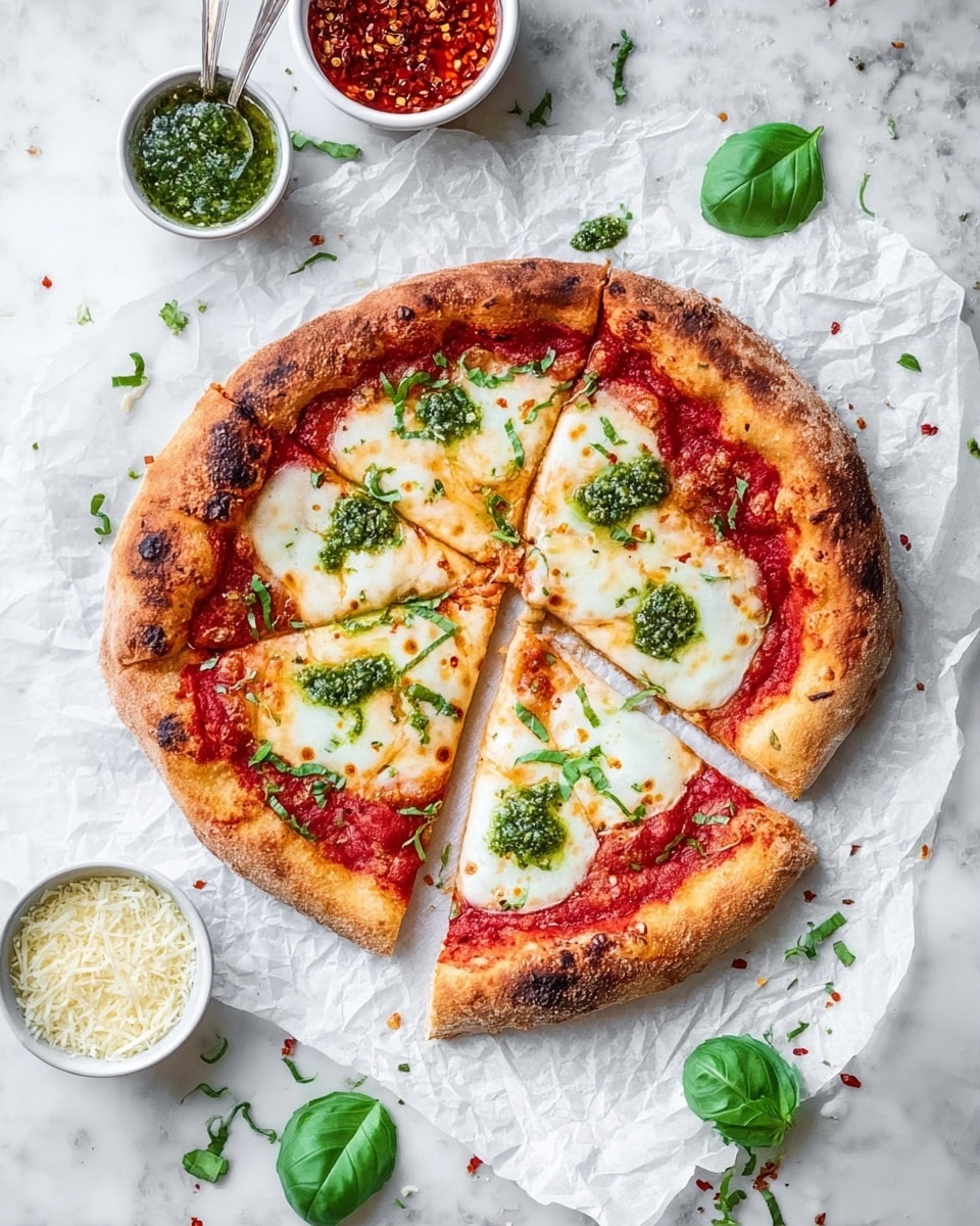 The image shows three slices of pizza on a white paper over a round wire rack on a white marbled surface. Each slice has a golden, slightly charred crust that is thick and airy with visible holes inside. The pizza has three layers: a base layer of light orange tomato sauce, a middle layer of melted white mozzarella cheese, and a top layer of fresh green basil leaves. The cheese looks smooth and creamy, slightly bubbling, and the basil leaves are scattered unevenly. In the background, there is a blurred glass bottle with yellow oil and a green plant. Photo taken with an iphone --ar 4:5 --v 7