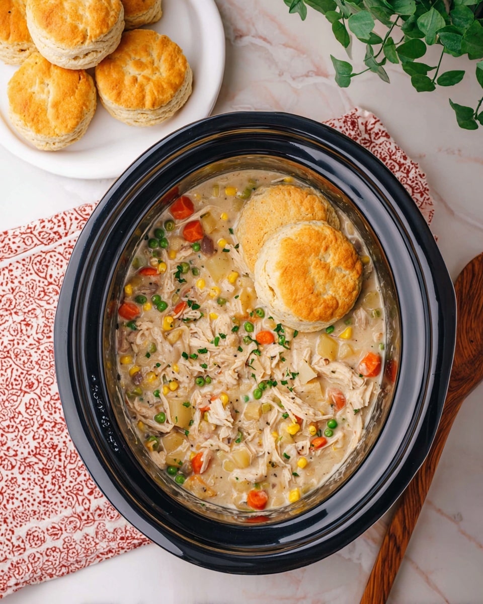 A white bowl filled with creamy chicken pot pie filling, showing layers of chunky white chicken pieces, light beige potato cubes, bright green peas, yellow corn, orange carrots, and small celery pieces all mixed in a thick creamy sauce. On top of the filling are two golden brown, fluffy biscuits with a slightly crisp texture and small holes scattered across their surface. A small green parsley leaf is placed at the edge of the bowl. The bowl sits on a white marbled surface with a red and white patterned cloth partially visible underneath. photo taken with an iphone --ar 4:5 --v 7