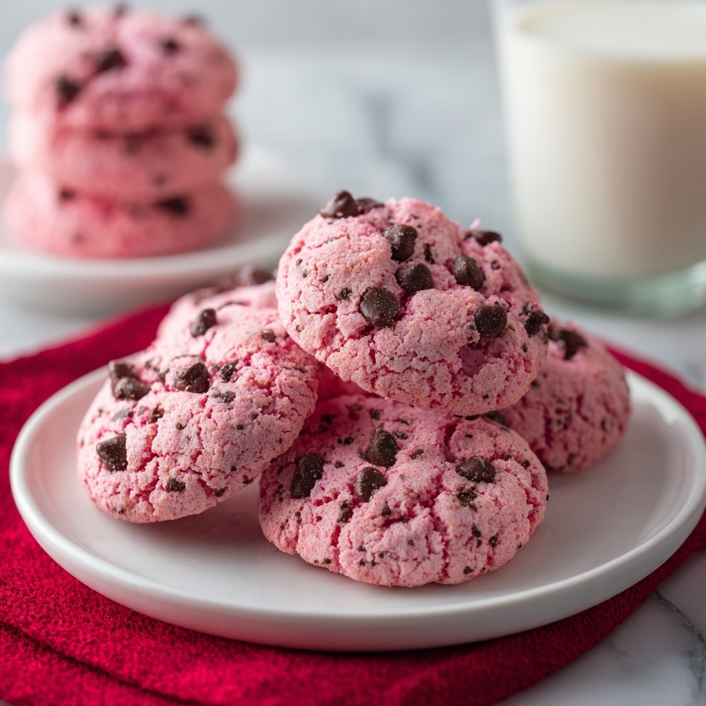 A white plate holds four bright pink cookies with dark chocolate chips scattered on top. The cookies have a rough, cracked texture and are slightly thick. Behind them, there is a blurry stack of similar pink cookies resting on a white marbled surface with a red cloth beneath. A glass of milk is partially visible in the background. The scene is softly lit, focusing on the colorful cookies in the foreground. photo taken with an iphone --ar 4:5 --v 7