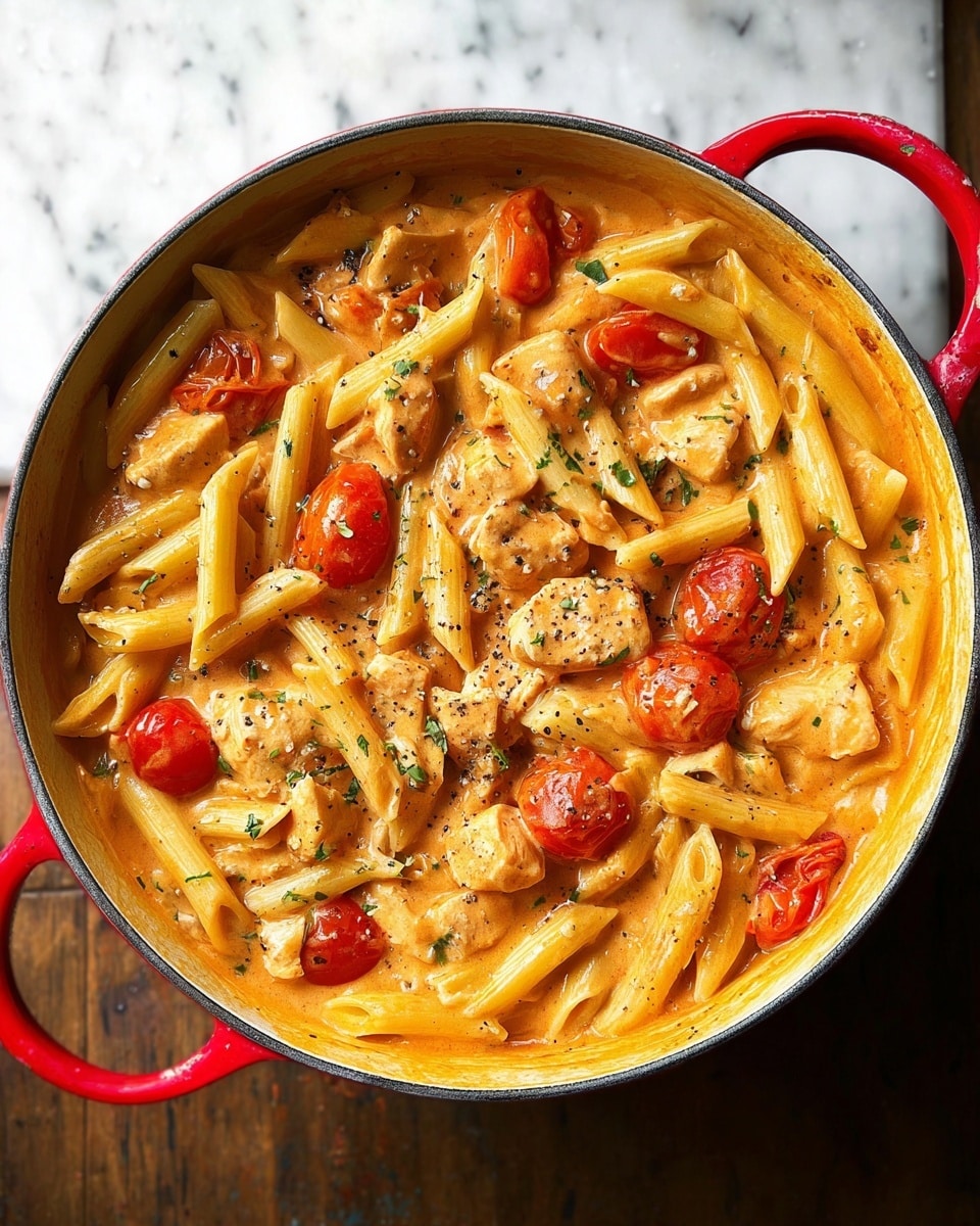 A white bowl filled with creamy orange pasta sauce covering penne pasta with small pieces of cooked chicken throughout, bright red cherry tomatoes placed on top and within the sauce, sprinkled with a layer of finely grated white cheese, and small green herb pieces scattered around; a silver spoon rests inside the bowl on the right side. The bowl is on a white marbled surface. photo taken with an iphone --ar 4:5 --v 7