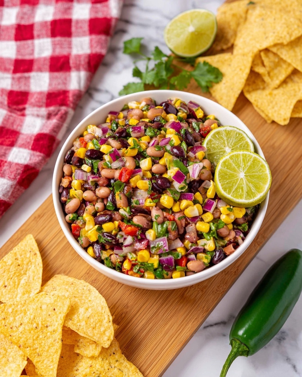 A white bowl filled with a colorful three-layer bean salad sits on a wooden board with a white marbled background. The salad has black beans, light brown beans, yellow corn, green bell pepper pieces, diced red onions, and chopped cilantro, all mixed together, creating a vibrant mix of black, yellow, green, purple, and red colors. Two lime wedges are placed on the right edge of the bowl. Around the bowl, there are several light-colored tortilla chips and a whole green chili pepper on the wooden board, with a red and white checkered cloth nearby. Photo taken with an iphone --ar 4:5 --v 7
