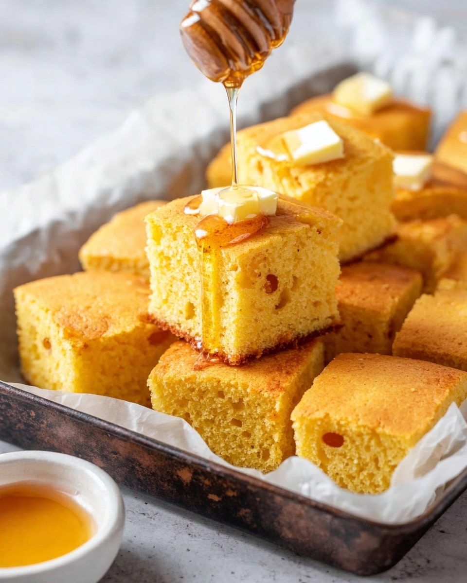The image shows several thick, square pieces of golden cornbread with a soft and airy texture. Each piece has a pale yellow top layer, some topped with a slightly melted square of light yellow butter. The cornbread rests on white parchment paper inside a dark, rustic metal tray placed on a white marbled surface. In the foreground, a white bowl holds honey with a wooden honey dipper resting in it. The overall scene is bright and inviting, highlighting the warm, soft texture of the cornbread. photo taken with an iphone --ar 4:5 --v 7