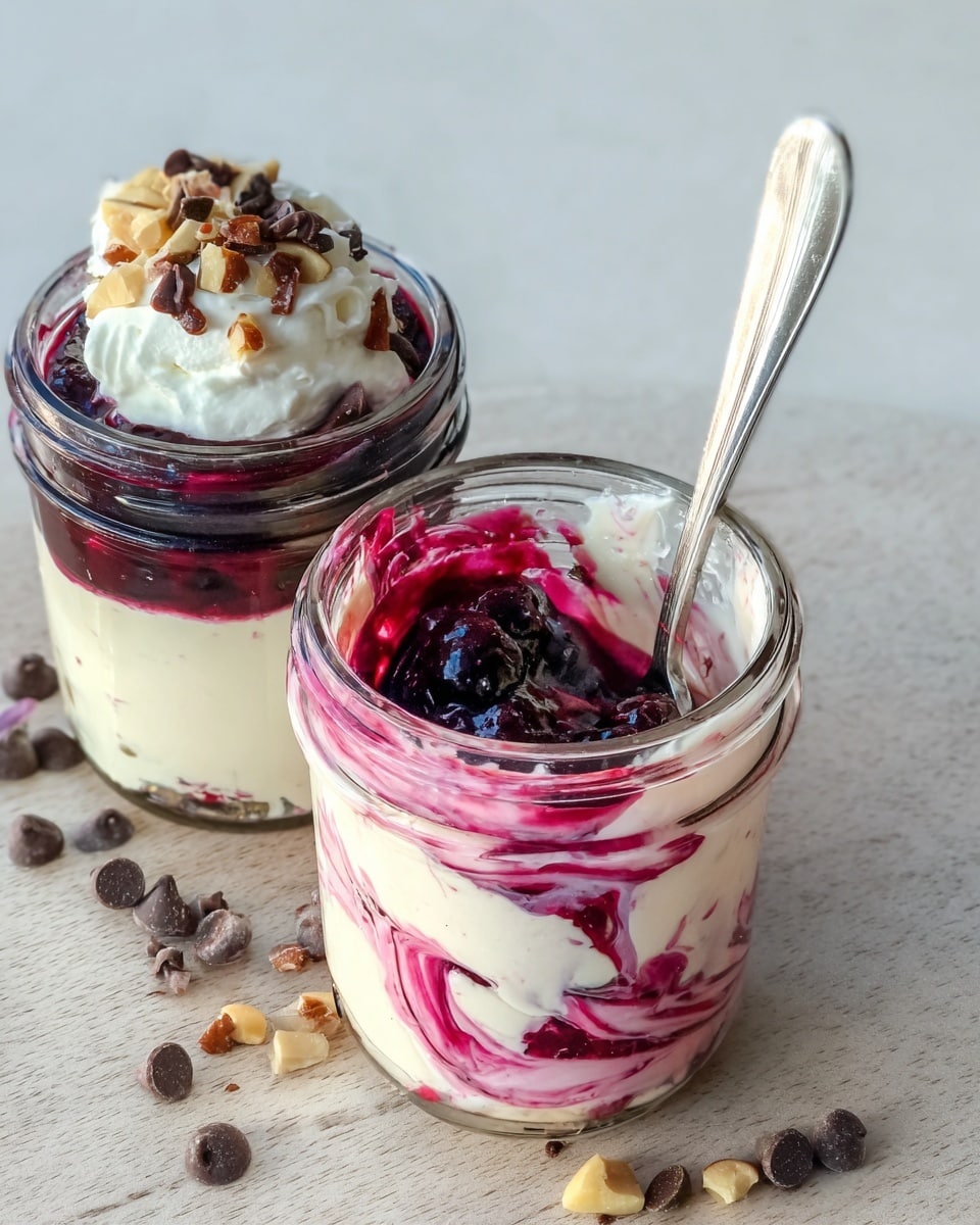 Four clear glass jars are filled with a dessert that has two main layers: a thick white cream layer at the bottom and a dark purple berry compote layer on top. The berry layer contains whole blueberries and looks glossy and juicy, with some deep red juices mixing slightly into the white cream below. Each jar is topped with a small swirl of white whipped cream and sprinkled with small pieces of brown nuts for texture. The jars are placed closely together on a white marbled surface with some scattered nut bits around them. Photo taken with an iphone --ar 4:5 --v 7