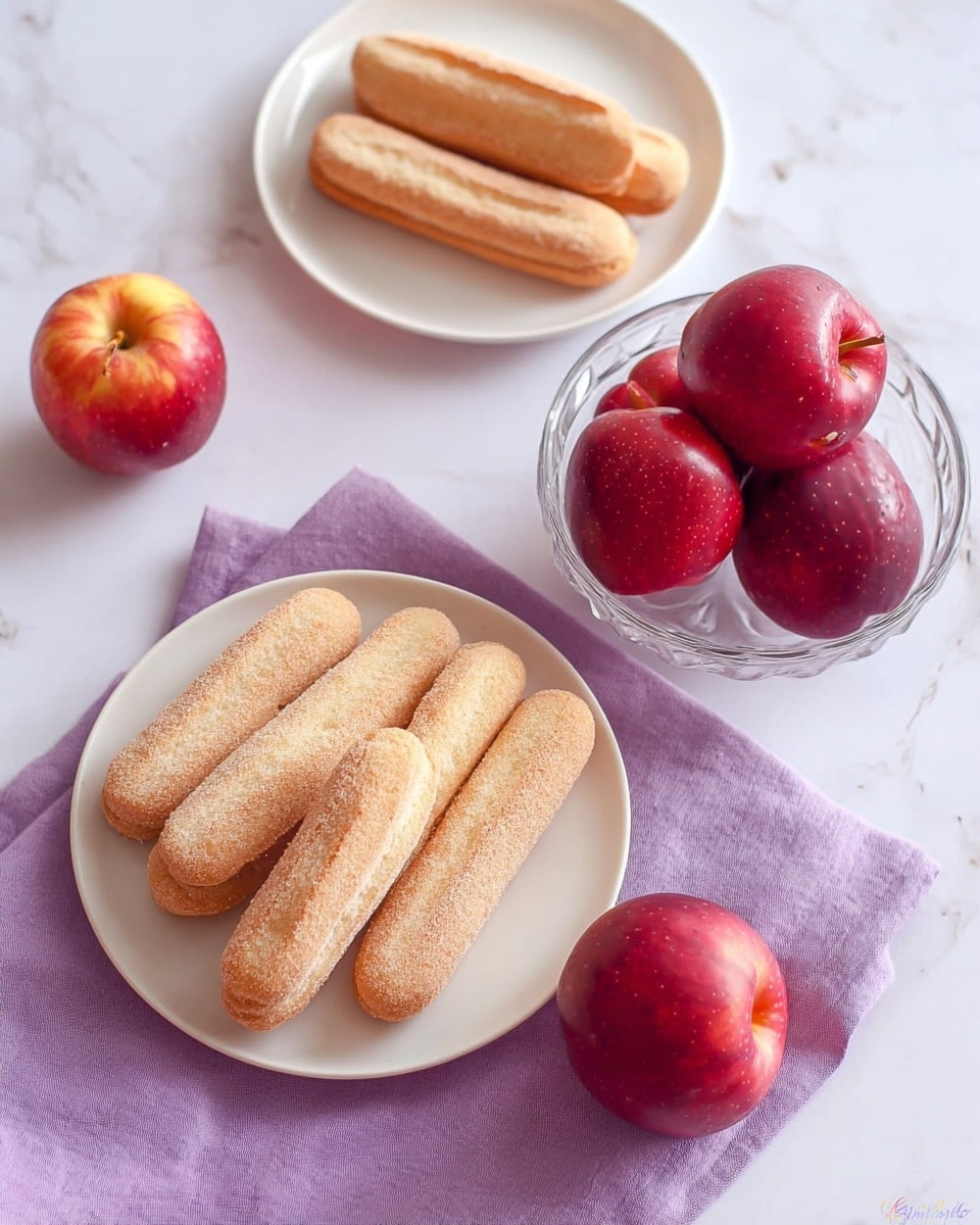 The image shows two white plates and one clear bowl placed on a light purple cloth with a white marbled surface underneath. One white plate holds four long, light brown ladyfinger biscuits with a sugar dusting, arranged closely together. The clear bowl below it contains six round red apples with smooth skin. To the right of the top plate, there is one red apple placed directly on the white marble background. Above the plates, three more ladyfingers lie directly on the purple cloth. photo taken with an iphone --ar 4:5 --v 7