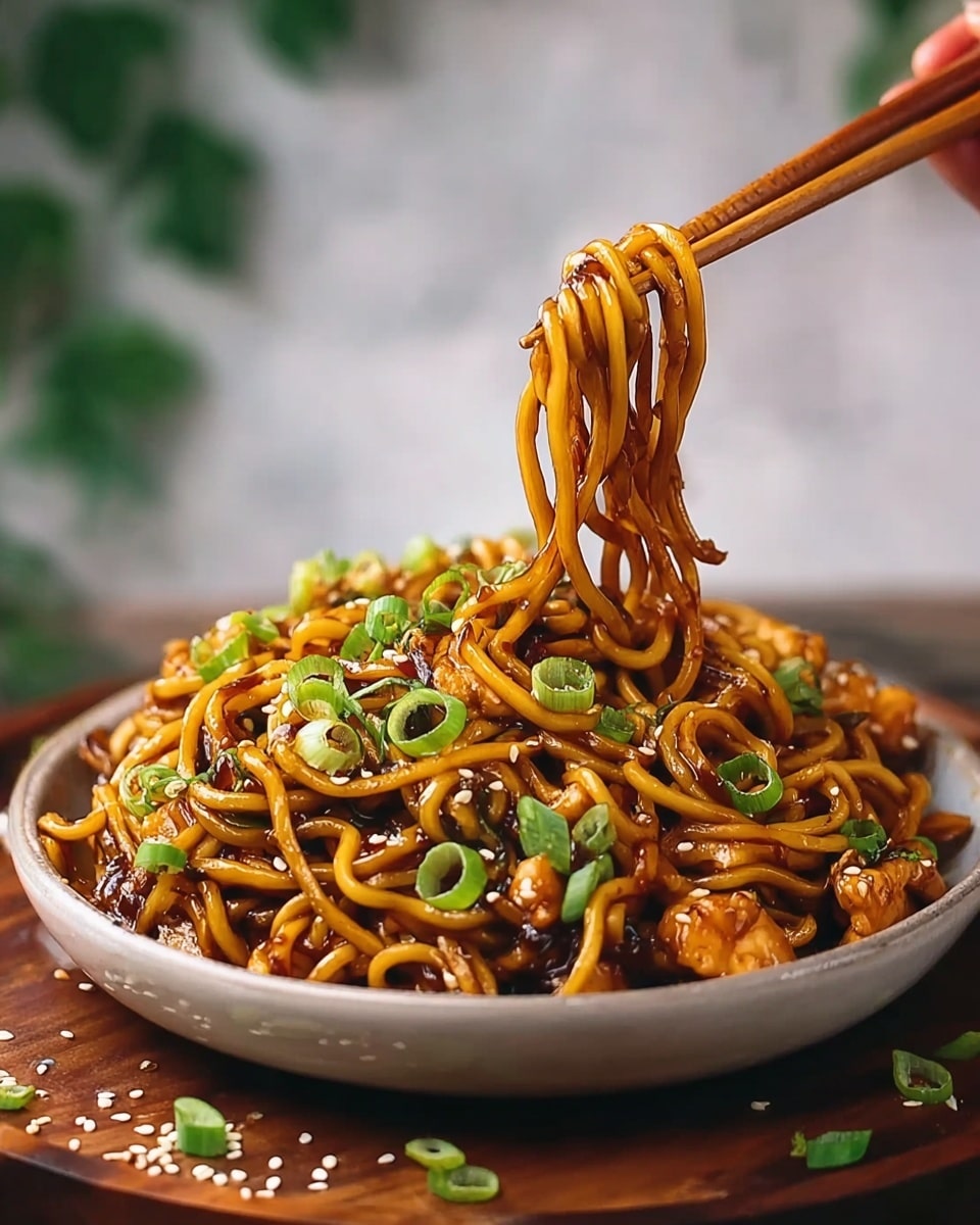 A close-up view of a round white bowl filled with three main layers: at the bottom, tender pieces of grilled chicken with a shiny, brown glaze; above it, a pile of curly, golden-brown noodles coated in a glistening sauce; scattered on top are bright green slices of fresh scallions adding a fresh color contrast. Dark wooden chopsticks are lifting some noodles from the right side of the bowl. The bowl is placed on a dark cloth with a white marbled texture surface beneath, with some green scallion pieces blurred in the background. Photo taken with an iphone --ar 4:5 --v 7