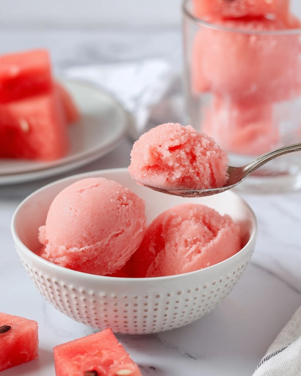 The dish shows three soft pink scoops of watermelon sorbet placed inside a white bowl with a dotted edge design. On top of one scoop, a silver spoon holds a textured scoop of sorbet, showing its smooth yet slightly crumbly consistency. Around the bowl, there are pieces of fresh, juicy watermelon with deep pink flesh and some breaking white seeds. In the background, a clear glass container holds more pink sorbet, all set on a white marbled surface. photo taken with an iphone --ar 4:5 --v 7