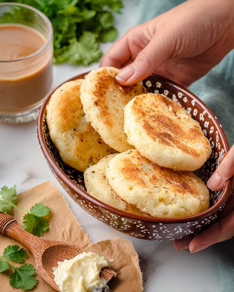 The image shows three round, golden-brown arepas with a soft and slightly crispy texture on a piece of brown parchment paper over a white marbled surface. One arepa is broken open in the center, revealing stretchy melted white cheese inside, with the top side of this arepa holding a small dollop of white butter melting slightly. The arepas have a light sprinkling of coarse salt on top, adding texture and contrast to their warm, toasted surface. In the top left corner, green cilantro leaves partly enter the frame, adding a fresh, natural touch. photo taken with an iphone --ar 4:5 --v 7