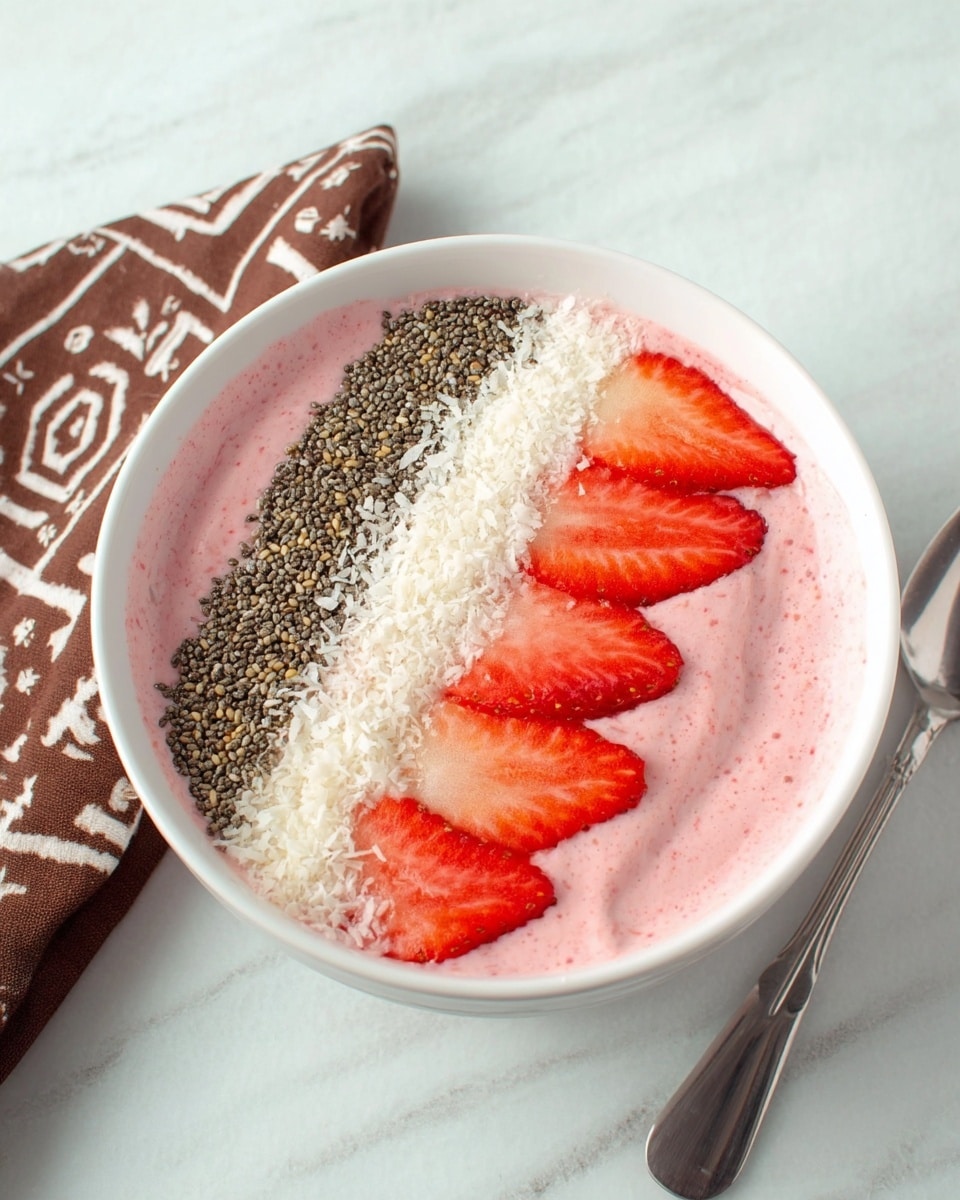 A white bowl filled with smooth, pink strawberry yogurt as the base layer, topped with three vertical stripes arranged neatly from left to right; the first stripe is made up of small, round black chia seeds with a rough texture, the middle stripe consists of finely shredded white coconut, and the third stripe is a row of four red strawberry slices with visible seeds and juicy texture, placed evenly and slightly overlapping each other; the bowl sits on a white marbled surface, with a silver spoon to the right and a brown cloth with white geometric patterns on the left. Photo taken with an iphone --ar 4:5 --v 7