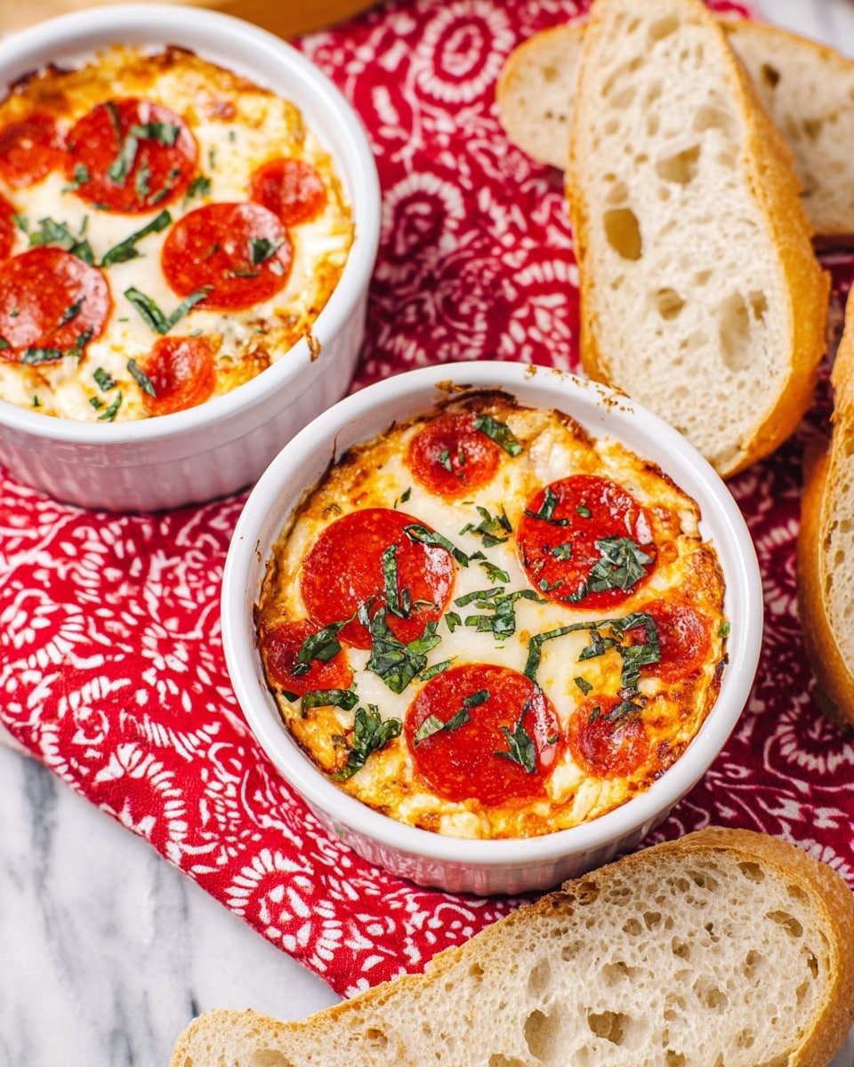 A white ramekin filled with a baked dish showing a base layer of creamy light orange mixture topped with melted white cheese shredded thinly, small round red pepperoni slices, and green chopped herbs scattered on top. The ramekin sits on a red and white patterned cloth, with several slices of crusty light tan bread with airy holes placed behind it on a white marbled surface. Another similar ramekin partially appears on the left side of the image. Photo taken with an iphone --ar 4:5 --v 7