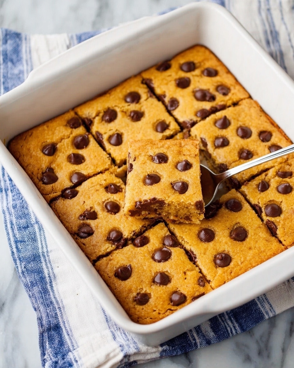 Three square pieces of golden-brown chocolate chip blondies are stacked on a white round plate with visible soft, chewy texture and melted dark chocolate chips scattered inside and on top. One piece on the top has a bite taken out, revealing a moist inside with more chocolate chips. In the background, there is a white baking dish with black spots filled with more blondies and a white bowl with light brown peanut butter. Tiny chocolate chips are scattered on the white marbled surface around the plate. photo taken with an iphone --ar 4:5 --v 7