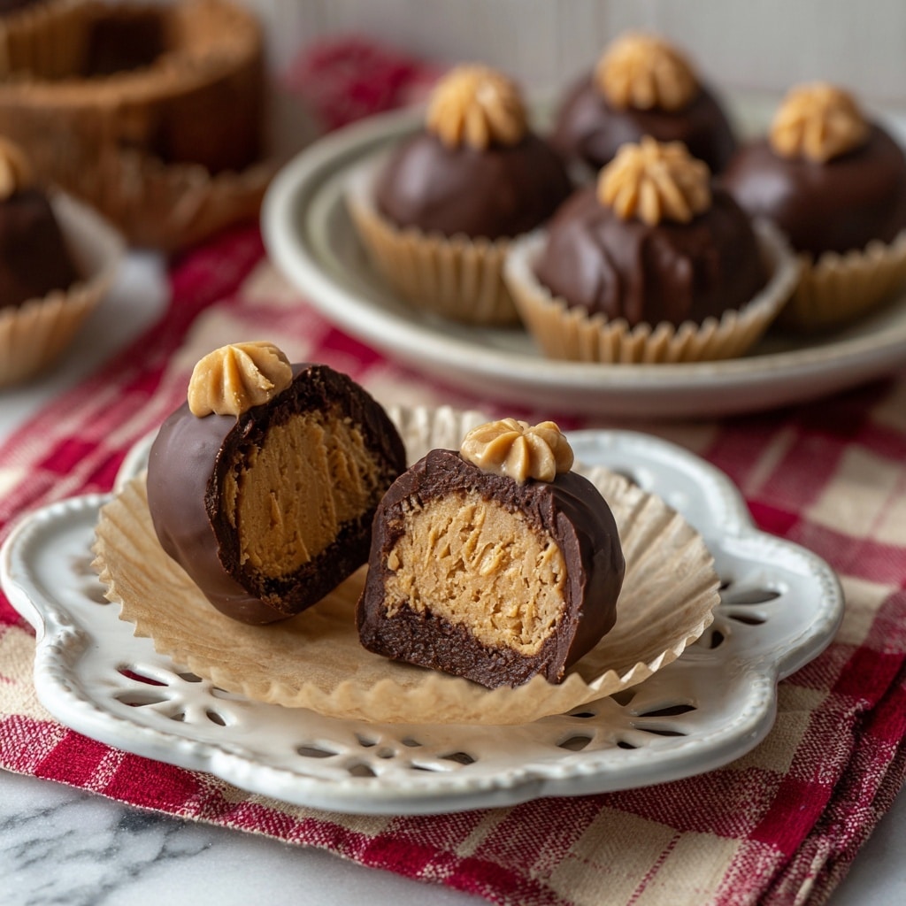 A white plate holds a pile of seven round chocolate-covered treats, each resting in crinkled light brown paper cups. Each treat is topped with a dollop of light brown peanut butter or frosting, with some having one or two small dollops on top. The chocolate coating is smooth and shiny, dark brown in color, slightly rounded at the top beneath the toppings. The plate is set on a maroon and cream checkered cloth over a white marbled surface, giving a cozy and clean look. photo taken with an iphone --ar 4:5 --v 7