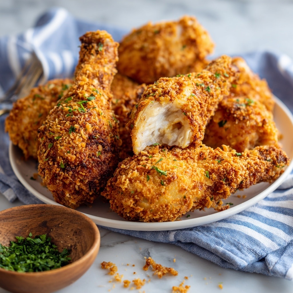 A close-up view of crispy fried chicken showing a golden-brown, crunchy outer layer with a slightly rough texture. One large piece is partially eaten, exposing the tender, moist white chicken meat inside. The chicken rests on a smooth white marbled surface next to a small wooden bowl filled with chopped green herbs. In the upper part of the image, two more pieces of fried chicken sit on a white plate, partly visible, with small bits of crispy batter scattered around. A teal cloth with white stripes lies beneath the plate, adding a pop of color to the scene. photo taken with an iphone --ar 4:5 --v 7