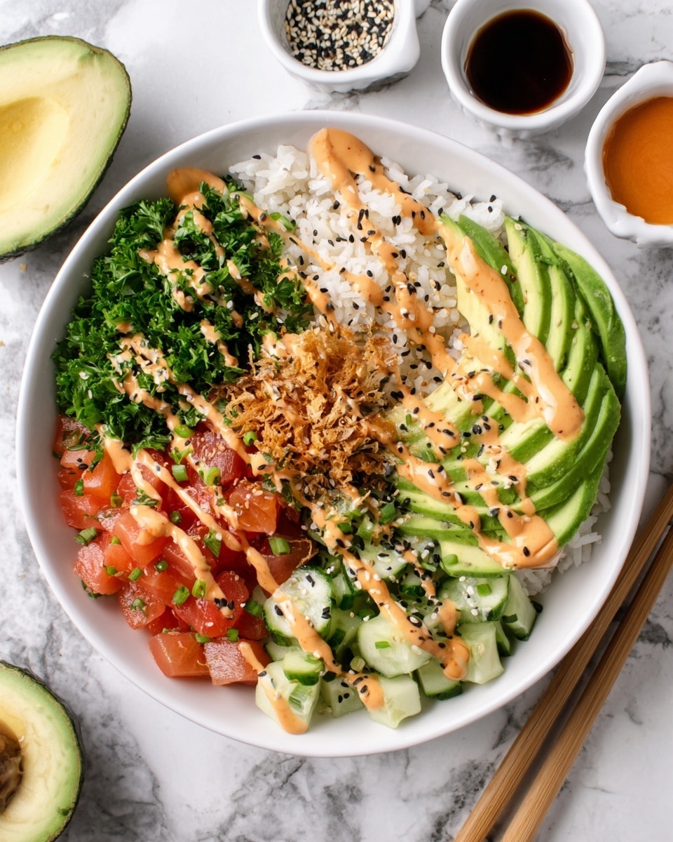 A white bowl filled with layers of white rice at the bottom, topped with diced light green cucumber cubes on one side and thin slices of smooth, pale green avocado drizzled with a creamy light orange sauce and dark brown sauce. Next to this is a section of reddish-orange diced fish or seafood mixed with small grains that look like quinoa, all topped with a light beige creamy sauce and black sesame seeds. Behind this is a pile of fresh bright green chopped leafy herbs. A silver fork lifts a mix of these ingredients showing the textures of the rice, quinoa, fish, avocado, creamy sauce, and herbs. The bowl sits on a white marbled surface. Photo taken with an iphone --ar 4:5 --v 7