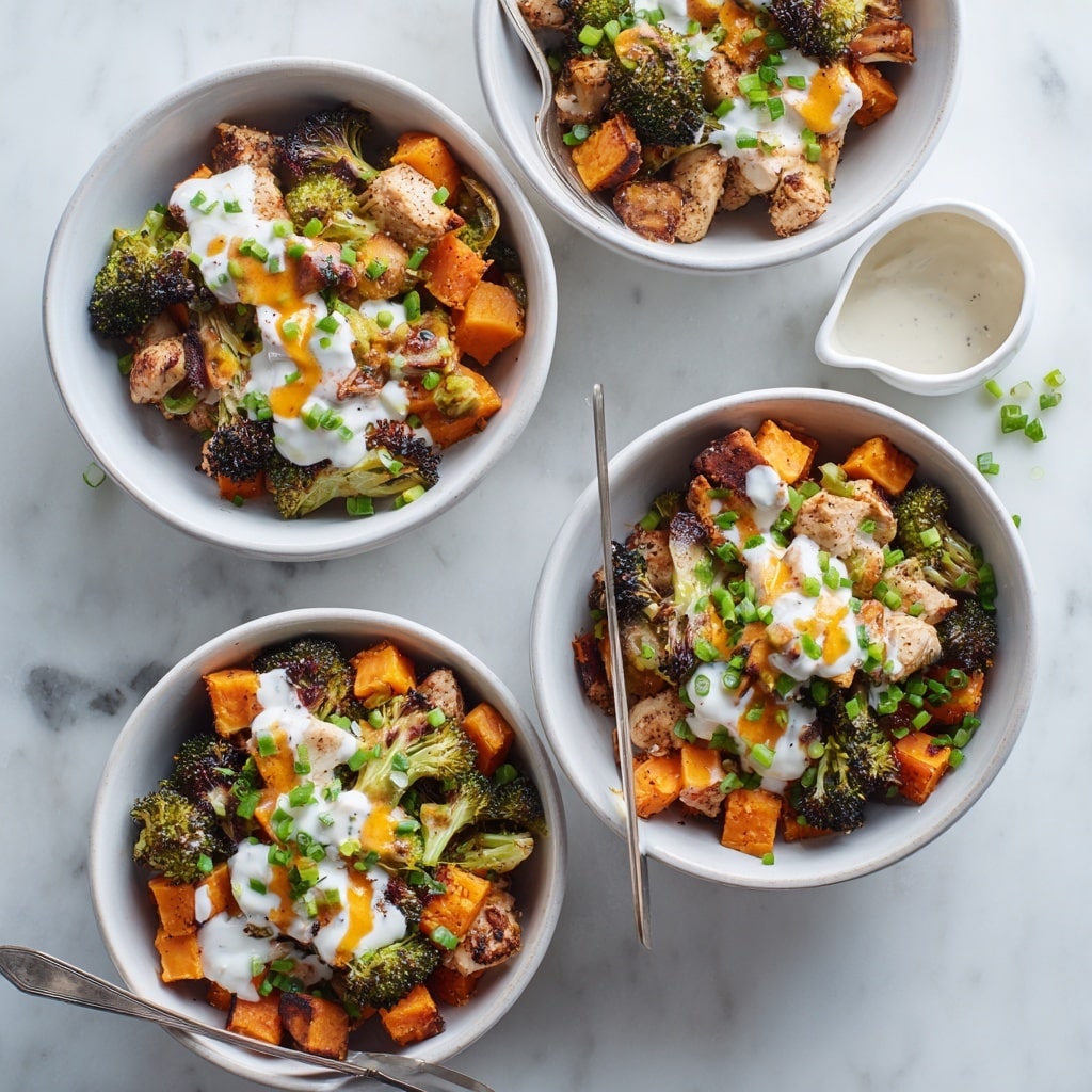 Four white bowls are filled with a colorful layered dish placed on a white marbled surface. Each bowl contains a bottom layer of orange sweet potato cubes with a soft texture, mixed with small charred green broccoli florets. On top of this is a layer of golden-brown cooked chicken pieces and crispy bacon chunks with a reddish-brown color. There are dollops of white sour cream drizzled over the top, along with a few splashes of orange sauce. Small minced green onions are sprinkled on the entire dish, adding a fresh, crisp look. The overall presentation is rustic and appetizing. A white dish with a small pitcher of white sauce is visible near the bowls. photo taken with an iphone --ar 4:5 --v 7
