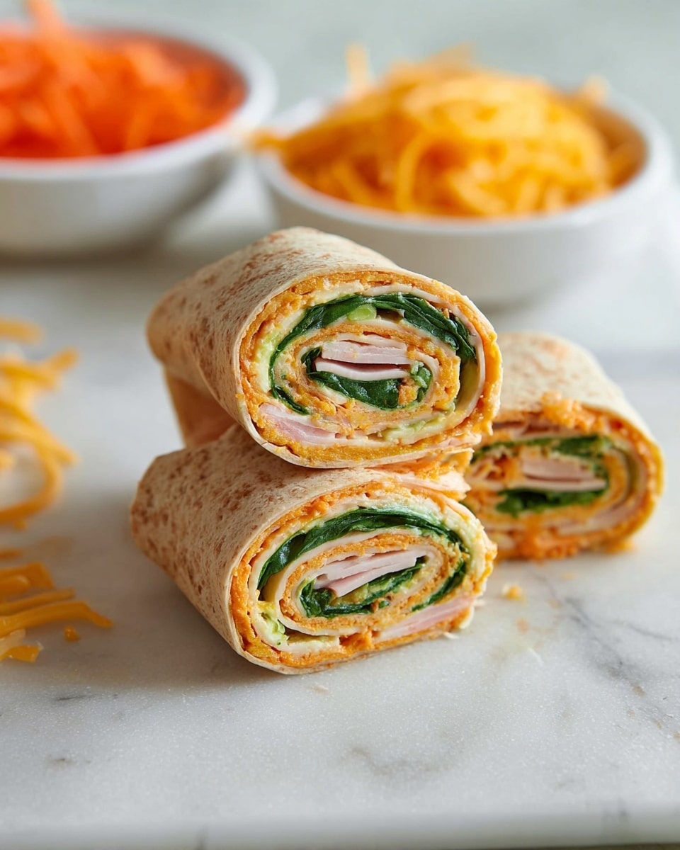 The image shows three rolled sandwiches placed on a white marbled surface. The rolls have a light brown outer layer that looks like a soft flatbread or wrap. Inside, there are four visible layers, starting from a creamy orange spread on the flatbread, followed by a layer of green leafy spinach, then thin white slices of deli meat, and more of the orange spread. The rolls are cut into thick pieces, with two stacked vertically and the third lying flat behind them. In the blurred background, there are two white bowls containing orange shredded carrots and shredded yellow cheese. A few cheese shreds are scattered on the white marbled surface as well. Photo taken with an iphone --ar 4:5 --v 7