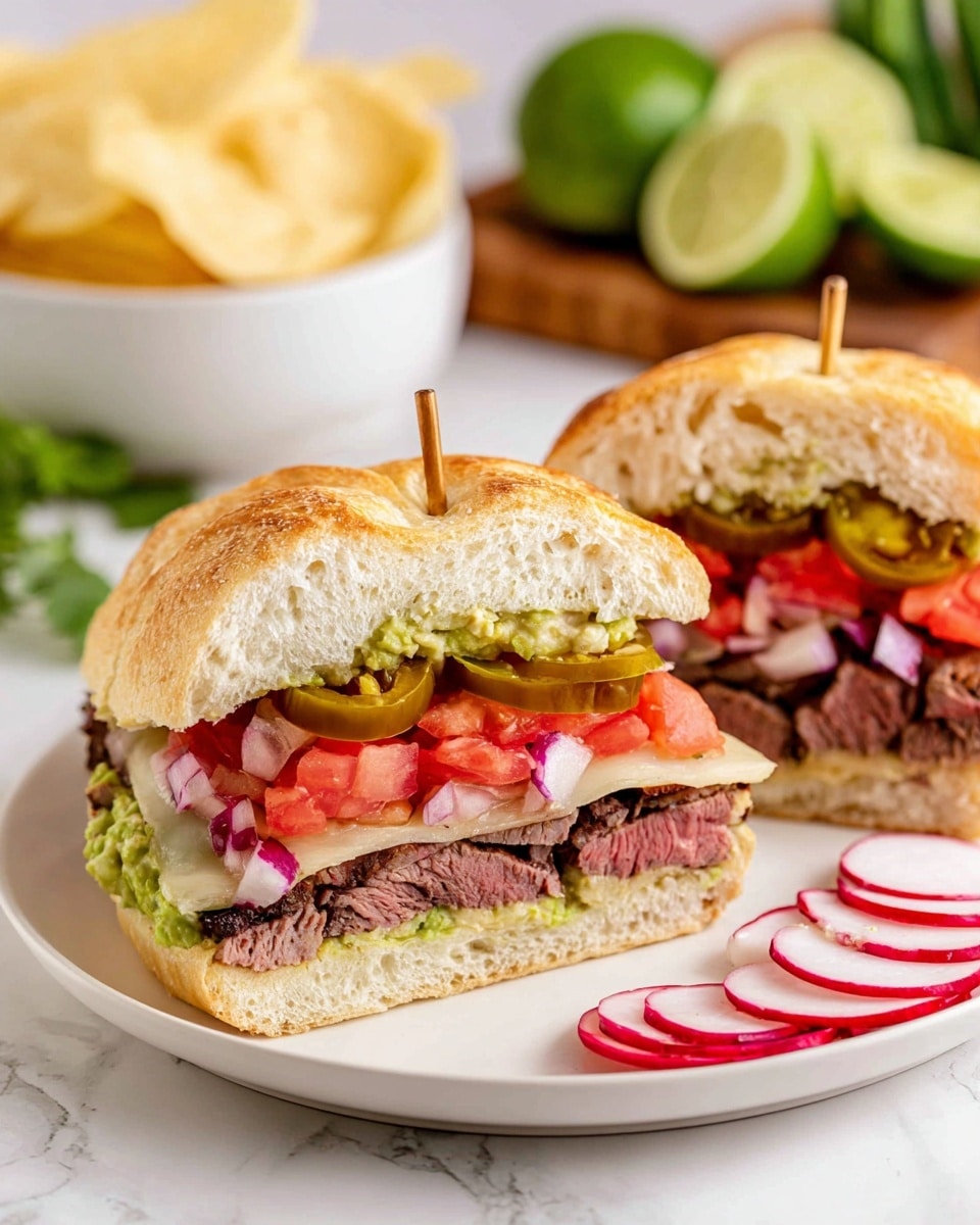 The image shows a sandwich cut in half and stacked on a white plate with three thin slices of radish on the left side. The sandwich has four layers inside a light brown, airy ciabatta bun. The bottom layer is melted, light yellow cheese, followed by thick pieces of cooked steak with a pink center. Above the steak are bright red tomato slices, then finely chopped white onions mixed with sliced green pickles. The top layer is a spread of green guacamole beneath the top bun that has a crispy texture with small holes. Behind the sandwich, there is a halved green lime, some green cilantro, two whole pickles, and a white bowl filled with yellow corn chips on a white marbled surface. Photo taken with an iphone --ar 4:5 --v 7