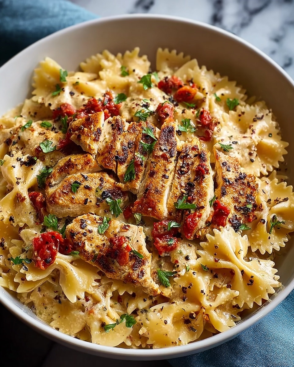 A white plate with a thin black rim holds a creamy pasta dish featuring bowtie-shaped pasta covered in a thick, golden-brown sauce. The pasta is mixed with small chunks of browned chicken and pieces of bright red bell pepper scattered throughout. On top, there is a light dusting of grated cheese and small green herb sprinkles adding color contrast. The sauce has a smooth, glossy texture that coats every part of the dish, making it look rich and flavorful. The photo is taken on a white marbled textured surface. photo taken with an iphone --ar 4:5 --v 7