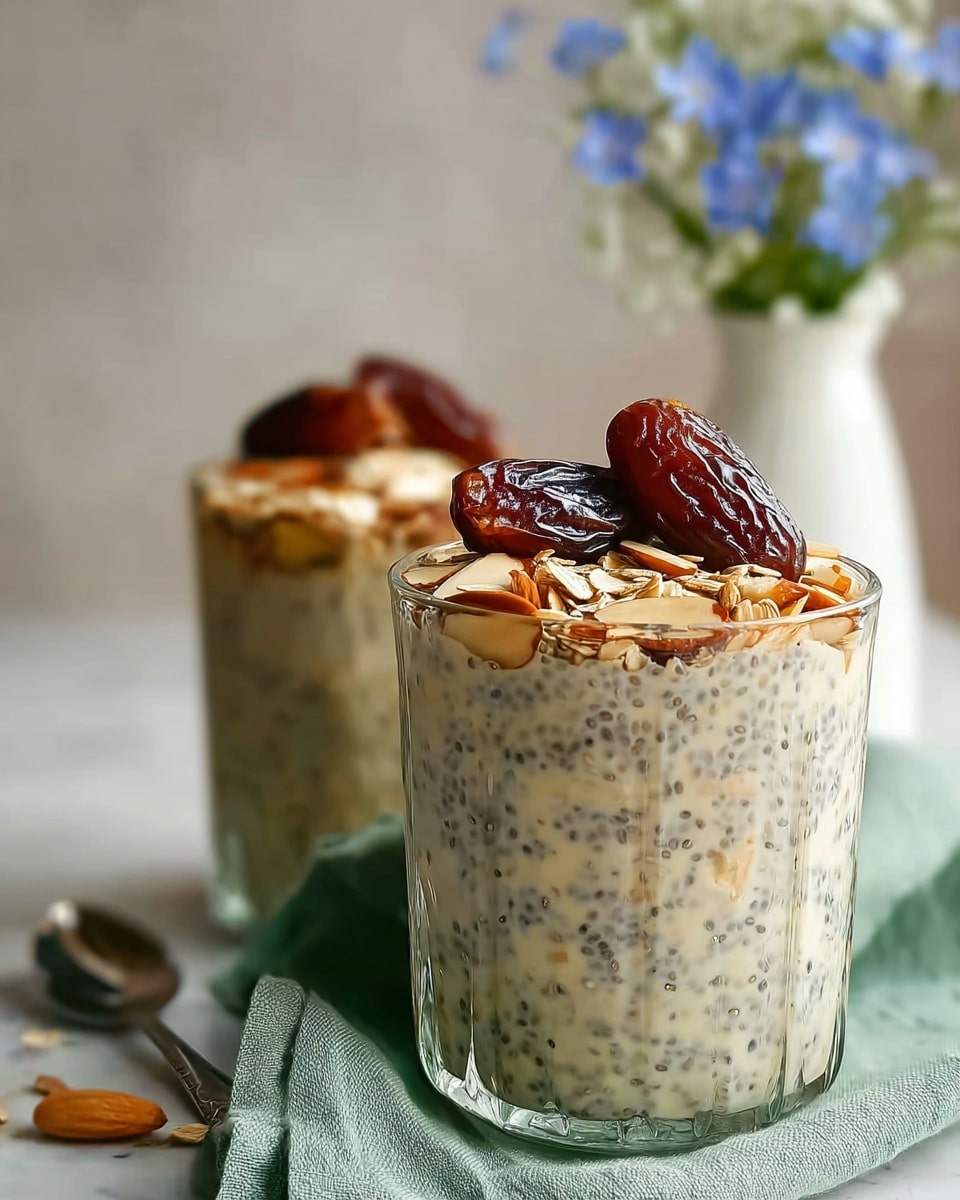 The image shows two glass containers filled with a creamy chia seed pudding. The pudding has a light beige color with visible black chia seeds evenly mixed throughout. On the top layer, there are slices of almonds, golden oats, and two dark brown dates placed as garnish, giving a rough, textured look to the surface. The glass containers are set on a soft green cloth on a white marbled surface, and in the background, there is a white vase with small blue flowers, softly out of focus. Photo taken with an iphone --ar 4:5 --v 7