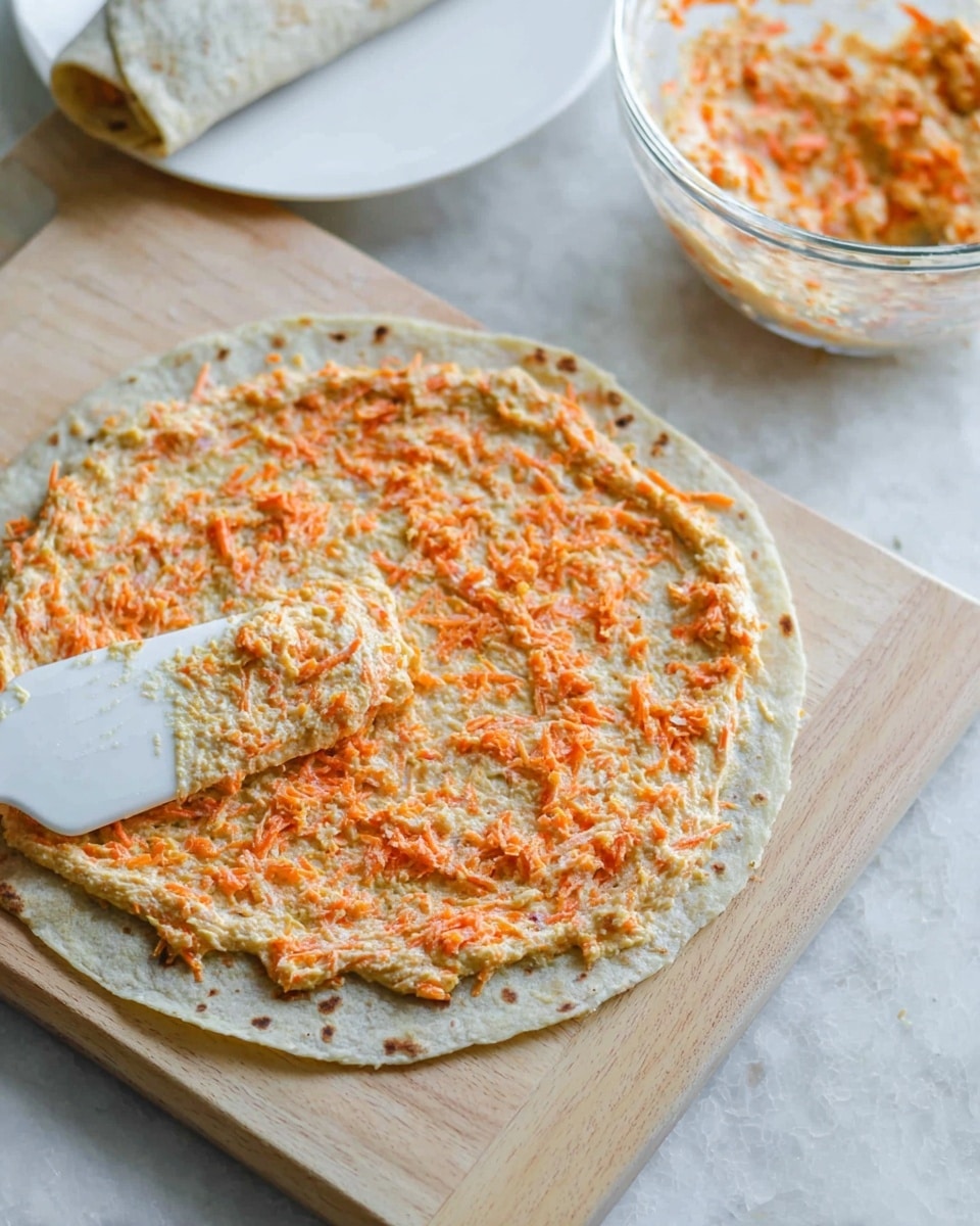 A close-up image of a round flatbread laid on a light wooden cutting board with a spread of creamy mixture mixed with finely shredded orange carrots evenly covering the entire surface. Near the flatbread, a white spatula with some of the creamy carrot mixture rests on top of the flatbread. In the background, a folded wrap is placed on a white square plate, and a clear glass bowl filled with more of the creamy carrot mixture sits on a white marbled texture. Photo taken with an iphone --ar 4:5 --v 7