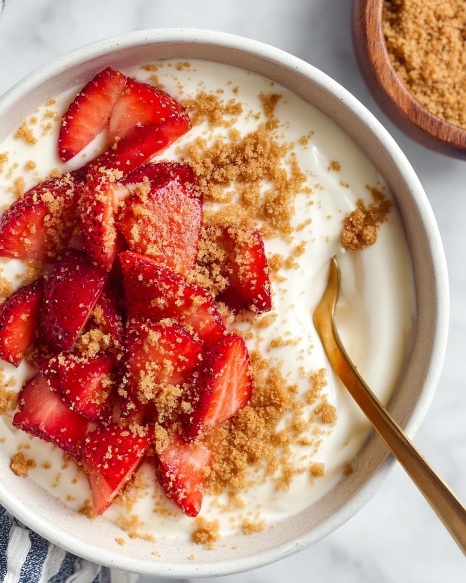 A close-up view of a white bowl filled with creamy white yogurt as the base layer, topped with bright red sliced strawberries arranged in a small pile on one side. Light brown crumbled brown sugar is sprinkled generously over the strawberries and yogurt, adding texture and color contrast. A golden spoon rests partially submerged in the yogurt near the strawberries. The bowl sits on a white marbled surface, with a small wooden bowl containing more brown sugar visible in the top left corner. photo taken with an iphone --ar 4:5 --v 7