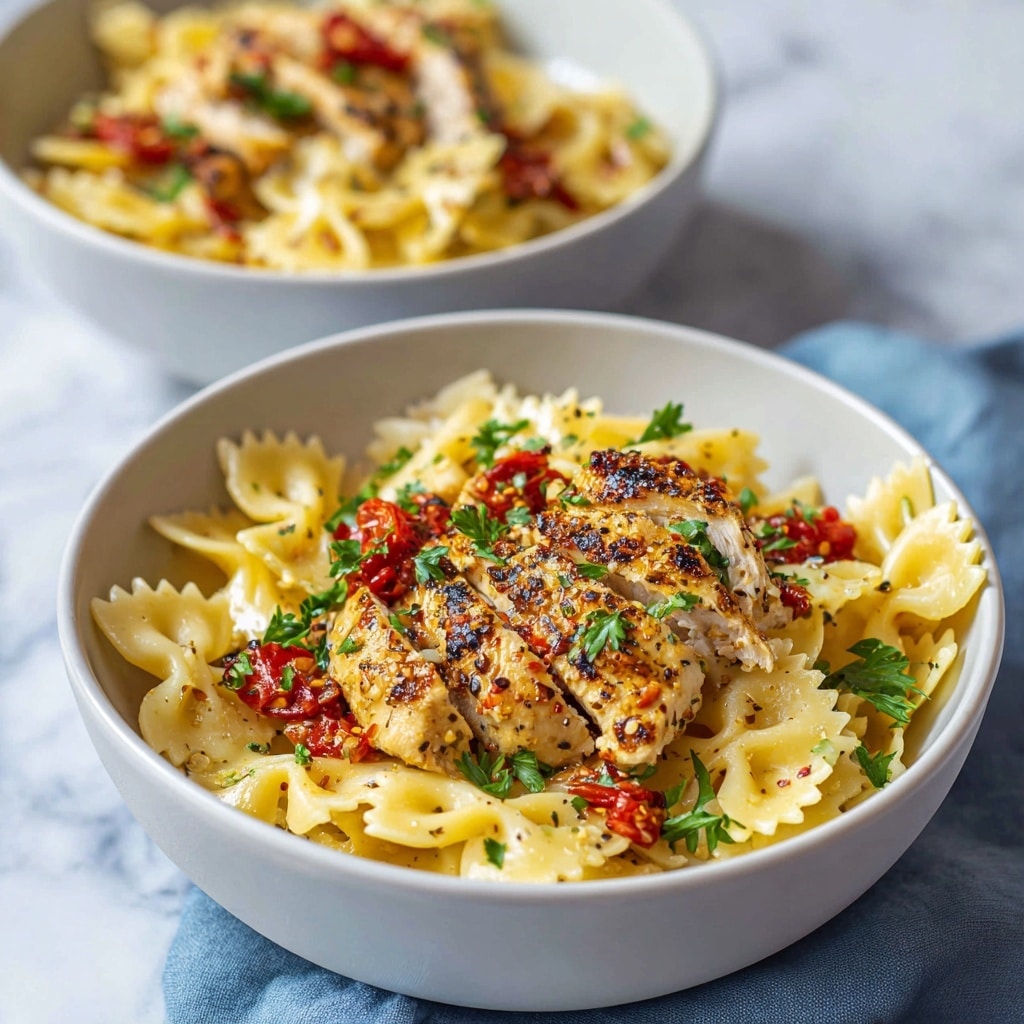 A white bowl filled with two clear layers: the bottom layer has light yellow farfalle pasta with a smooth texture, and the top layer has several pieces of golden-brown grilled chicken slices covered with small bits of red tomato and black pepper flakes, all sprinkled with fresh green parsley leaves. The dish is placed on a white marbled surface with a soft blue cloth visible under one side of the bowl, photo taken with an iphone --ar 4:5 --v 7