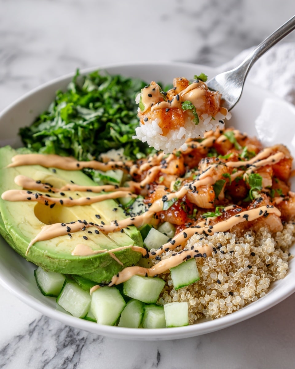 A white bowl filled with a colorful poke bowl consisting of five main layers: at the bottom is a layer of white rice, topped with fresh green chopped parsley on the left side, bright red diced tomatoes mixed with chopped onions just below the parsley, and light green sliced avocado fanned out on the right. Next to the avocado is a layer of chunky light green cucumber pieces. The entire bowl is drizzled with a creamy orange sauce and a dark brown sauce, sprinkled with sesame seeds and crispy brown bits. The scene includes a white marbled surface with a halved avocado on the bottom left, two small white ramekins with sauces on the top left, and a pair of wooden chopsticks on the upper right. photo taken with an iphone --ar 4:5 --v 7