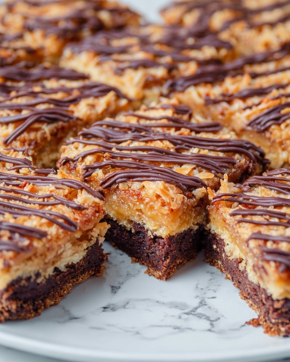 A square piece of layered dessert sits on a white plate on a white marbled surface, featuring a dark brown, dense brownie base with a moist texture. On top, there is a thick layer of golden caramel mixed with shredded coconut that looks sticky and glossy, creating a rough textured top. Two thin dark chocolate lines are drizzled unevenly across the coconut layer. In the background, more pieces of the same dessert are partially visible, slightly out of focus, showing the same layered details. Photo taken with an iphone --ar 4:5 --v 7